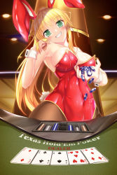 Rule 34 | 1girl, animal ears, bare shoulders, blonde hair, blush, breasts, card, fishnet pantyhose, fishnets, high ponytail, highres, large breasts, leotard, long hair, looking at viewer, original, pantyhose, playboy bunny, playing card, poker chip, poker table, ponytail, rabbit ears, rabbit tail, rankiryuu, smile, solo, strapless, strapless leotard, table, tail, teeth, wrist cuffs