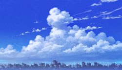 Rule 34 | blue sky, blue theme, building, cloud, cloudy sky, day, mocha (cotton), monochrome, no humans, original, outdoors, scenery, signature, sky, skyline, skyscraper