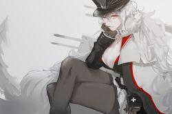 Rule 34 | 1girl, arm support, azur lane, black gloves, breasts, cleavage, coat, cowboy shot, crossed legs, eyelashes, finger in own mouth, fur collar, gloves, graf zeppelin (azur lane), grey background, grey hair, hat, head rest, jacket, jacket on shoulders, large breasts, long hair, looking at viewer, mechanical tail, neko (ganecooo), peaked cap, red eyes, simple background, sitting, skirt, solo, tail, turret, very long hair, white skirt