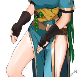 Rule 34 | 1girl, fingerless gloves, fire emblem, fire emblem: the blazing blade, gloves, highres, long hair, lower body, lyn (fire emblem), nintendo, ormille, pelvic curtain, side slit, simple background, solo, standing, thighs, very long hair, white background