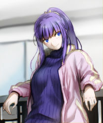 Rule 34 | 1girl, aoba (smartbeat), blue eyes, blue sweater, breasts, contemporary, fate/grand order, fate (series), highres, jacket, large breasts, long hair, long sleeves, looking at viewer, martha (fate), open clothes, open jacket, pink jacket, ponytail, purple hair, ribbed sweater, sidelocks, smile, solo, sweater, turtleneck, turtleneck sweater