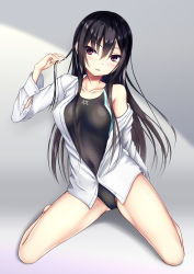 Rule 34 | 1girl, absurdres, black hair, black one-piece swimsuit, blush, breasts, collarbone, commentary request, competition swimsuit, dress shirt, full body, grey background, highres, kneeling, kurokami (kurokaminohito), kurono mika, long hair, looking at viewer, medium breasts, one-piece swimsuit, open clothes, open mouth, open shirt, original, red eyes, shirt, sitting, solo, swimsuit, wariza, white shirt