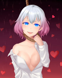 Rule 34 | 1girl, arm up, blue eyes, breasts, gradient background, gradient hair, grey hair, hanged, heart, heart background, large breasts, looking at viewer, medium hair, multicolored hair, noose, open clothes, open mouth, parted lips, rinko riban, rope, self-upload, smile, tears, upper body