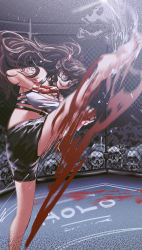 Rule 34 | 1girl, barefoot, black shorts, blood, breasts, brown hair, clenched hands, crop top, crowd, film grain, fingerless gloves, floating hair, gloves, hair behind ear, highres, hololive, hololive english, horns, j-chad, kicking, leg up, long hair, medium breasts, mma gloves, open mouth, red eyes, red gloves, set7, shorts, skeleton, smile, soles, solo focus, sunglasses, sweat, virtual youtuber