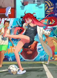 Rule 34 | 1girl, 2boys, ahoge, ball, bare legs, barefoot, basketball court, black shirt, double-parted bangs, failure, feet, highres, hipa (some1else45), kicking, lab coat, legs, long hair, multiple boys, original, panties, red hair, shaded face, shirt, side ponytail, sidelocks, slippers, soccer ball, soles, some1else45, toes, underwear, very long hair, white footwear, white panties
