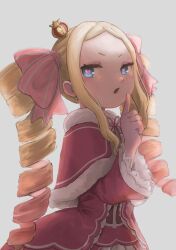 Rule 34 | 1girl, beatrice (re:zero), blonde hair, blue eyes, butterfly-shaped pupils, capelet, commentary request, crown, dress, drill hair, finger to mouth, fur-trimmed capelet, fur trim, grey background, hair ribbon, highres, kotarou (kotakota ee), long hair, looking at viewer, mini crown, open mouth, pink dress, pink ribbon, re:zero kara hajimeru isekai seikatsu, red capelet, ribbon, shushing, sidelocks, simple background, solo, symbol-shaped pupils, twin drills, upper body