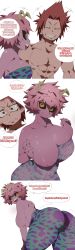 Rule 34 | 1boy, 1girl, abs, absurdres, ashido mina, ass, ass shake, back, bare shoulders, bent over, black sclera, bodysuit, boku no hero academia, breasts, coffing, collarbone, colored sclera, colored skin, english text, from behind, highres, horns, huge ass, kirishima eijirou, large breasts, motion lines, muscular, muscular male, nipple slip, nipples, pink hair, pink skin, red eyes, red hair, sharp teeth, short hair, sideboob, smile, spiked hair, teeth, thick thighs, thighs, third-party edit, topless, white background, yellow eyes