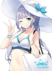 Rule 34 | 1girl, bad id, bad twitter id, bag, bare arms, bare shoulders, bikini, blue eyes, bow, breasts, cleavage, closed mouth, collarbone, hair bobbles, hair ornament, hairclip, hand up, hat, hat bow, highres, huion, long hair, looking at viewer, low twintails, medium breasts, navel, one eye closed, paper bag, silver hair, smile, solo, star741, stomach, sun hat, swimsuit, twintails, upper body, w, white background, white bikini, white hat, wristband