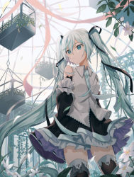 Rule 34 | 1girl, backlighting, black sleeves, black thighhighs, detached sleeves, dome, flower, garden, green eyes, green hair, grey shirt, hair ribbon, hatsune miku, iuyu (pixiv 32066694), long hair, looking to the side, necktie, ribbon, shirt, skirt, sleeveless, sleeveless shirt, sleeves past wrists, solo, thighhighs, twintails, very long hair, vocaloid