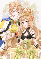 Rule 34 | 1boy, 1girl, alfred (fire emblem), ascot, blonde hair, bow, brooch, brother and sister, celine (fire emblem), commentary, crown, dress, fire emblem, fire emblem engage, flower, green bow, green eyes, hair flower, hair ornament, highres, holding hands, jewelry, long hair, long sleeves, looking at viewer, nintendo, pink flower, shirt, short hair, siblings, sleeveless, sleeveless dress, smile, very long hair, white shirt, yellow ascot, yellow dress, yutohiroya