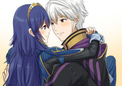 Rule 34 | 1boy, 1girl, ameno (a meno0), bad id, bad pixiv id, blue eyes, blue hair, blush, cape, carrying, couple, fire emblem, fire emblem awakening, fire emblem heroes, hetero, long hair, looking at another, lucina (fire emblem), nintendo, princess carry, profile, robin (fire emblem), robin (male) (fire emblem), short hair, silver hair, simple background, smile, tiara, yellow eyes