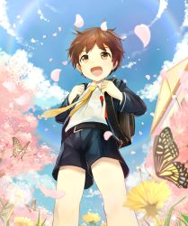 Rule 34 | 1boy, backpack, bag, belt, blush, brown eyes, brown hair, bug, butterfly, cherry blossoms, cocolo (co co lo), flower, from below, bug, male focus, necktie, open mouth, original, petals, school uniform, shorts, smile, solo, spring (season)