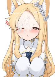 Rule 34 | 1girl, anger vein, angry, animal ear fluff, animal ears, blonde hair, blue archive, blue necktie, blush, closed mouth, cum, facial, female focus, flower, fox ears, fox girl, frown, hair flower, hair ornament, halo, highres, long hair, long sleeves, looking at viewer, mitsumine raimu, necktie, one eye closed, rose, sailor collar, seia (blue archive), sleeves past fingers, sleeves past wrists, solo, spoken anger vein, spotted necktie, white background, white flower, white rose, white sailor collar, yellow eyes