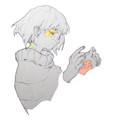 Rule 34 | 1other, bob cut, chara (undertale), closed eyes, closed mouth, cropped torso, disembodied limb, facial mark, flower, hands up, heart, highres, huahua zhu, monochrome, short hair, simple background, smile, solo, spot color, turtleneck, undertale
