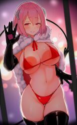 Rule 34 | 1girl, absurdres, bikini, black gloves, black tail, black thighhighs, blush, breasts, capelet, closed mouth, condom, cowboy shot, demon girl, demon horns, demon tail, elbow gloves, fur-trimmed capelet, fur trim, gloves, hair between eyes, heart, highres, holding, holding condom, hood, hooded capelet, horns, katsuten, large breasts, leather, leather gloves, looking at viewer, navel, o-ring, o-ring bikini, original, pink hair, red bikini, red capelet, red eyes, santa costume, short hair, smile, solo, standing, swimsuit, tail, thighhighs, white horns
