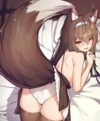 Rule 34 | 1girl, 5danny1206, :d, absurdres, animal ear fluff, animal ears, ass, bare back, bare shoulders, breasts, brown hair, brown thighhighs, fox ears, fox tail, from behind, hair between eyes, hairband, highres, long hair, looking at viewer, lying, medium breasts, on stomach, open mouth, original, panties, red eyes, sideboob, smile, solo, tail, thighhighs, underwear, white hairband, white panties