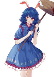 Rule 34 | 1girl, animal ears, blue dress, blue hair, blush, crescent print, dress, earclip, feet out of frame, highres, holding, kine, long hair, mallet, open mouth, rabbit ears, red eyes, seiran (touhou), short sleeves, simple background, solo, star (symbol), star print, touhou, uranaishi (miraura), white background