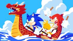 Rule 34 | 3boys, animal ears, blue sky, boat, commentary request, dragon boat, dragon boat festival, drum, fox ears, fox tail, furry, furry male, gloves, green eyes, highres, holding, holding oar, instrument, knuckles the echidna, male focus, multiple boys, oar, ocean, official art, open mouth, purple eyes, rowing, sky, smile, sonic (series), sonic the hedgehog, tail, tails (sonic), uno yuuji, watercraft, white gloves