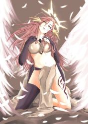 Rule 34 | 10s, 1girl, angel wings, artist request, asymmetrical legwear, breasts, bridal gauntlets, spiked halo, crop top, feathered wings, gloves, halo, jibril (no game no life), kaminali, kneeling, large breasts, long hair, low wings, magic circle, midriff, mismatched legwear, navel, no game no life, pink hair, solo, tattoo, thighhighs, very long hair, white wings, wing ears, wings, yellow eyes