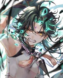 Rule 34 | 1boy, ahoge, arm guards, arm tattoo, asymmetrical clothes, bead necklace, beads, black gloves, black hair, clenched teeth, commentary, detached sleeves, diamond-shaped pupils, diamond (shape), dynamic pose, eyeshadow, facial mark, forehead mark, genshin impact, gloves, green gloves, green hair, half-closed eye, highres, jewelry, long hair, looking at viewer, makeup, multicolored hair, necklace, parted bangs, pendant, red eyeshadow, shiraishi (siraisi00), short hair, short hair with long locks, signature, single bare shoulder, single detached sleeve, slit pupils, solo, symbol-shaped pupils, tassel, tattoo, teeth, toned, toned male, twitter username, two-tone hair, upper body, white background, xiao (genshin impact), yellow eyes