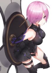 Rule 34 | 1girl, boots, breasts, commentary request, dress, elbow gloves, fate (series), gloves, hair over one eye, kfr, looking at viewer, mash kyrielight, medium breasts, pink eyes, pink hair, shield, short hair, sleeveless, smile, solo, thigh strap, thighhighs, tight dress, white background