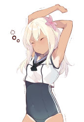 Rule 34 | 10s, 1girl, armpits, arms up, blonde hair, closed eyes, crop top, duoyuanjun, flower, hair flower, hair ornament, highres, kantai collection, long hair, one-piece swimsuit, ro-500 (kancolle), sailor collar, school swimsuit, simple background, sleeveless, solo, stretching, swimsuit, swimsuit under clothes, tan, tanline, tears, trembling, white background