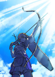 Rule 34 | 10s, 1girl, arrow (projectile), blue sky, bow (weapon), day, gloves, highres, japanese clothes, kaga (kancolle), kantai collection, monochrome, side ponytail, single glove, sky, smirk, solo, sunlight, tsuta no ha, weapon