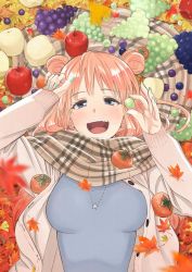 Rule 34 | 1girl, apple, bad id, bad twitter id, blue eyes, double bun, food, fruit, grapes, hair bun, highres, hoshino me wo tsubutte., hoshino misaki, jewelry, leaf, long hair, looking at viewer, lying, maple leaf, nagashii kouhei, necklace, open mouth, orange hair, scarf, smile, solo, star (symbol), star necklace, tomato