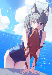 Rule 34 | 1girl, absurdres, animal ear fluff, animal ears, arm support, blue archive, blue eyes, blue halo, blue one-piece swimsuit, blue sky, blush, collarbone, commentary, covered navel, extra ears, grey hair, halo, heterochromia, highres, looking at viewer, mahou gnome, medium hair, mismatched pupils, mouth hold, ocean, octopus, official alternate costume, one-piece swimsuit, shiroko (blue archive), shiroko (swimsuit) (blue archive), side ponytail, sidelocks, sky, slit pupils, solo, swimsuit, wet, wolf ears
