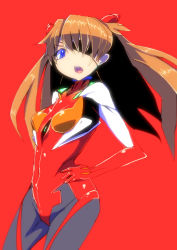 Rule 34 | &gt;:o, 10s, 1girl, :o, angry, bad id, bad pixiv id, blue eyes, bodysuit, breasts, brown hair, cowboy shot, curvy, evangelion: 3.0 you can (not) redo, eyepatch, floating hair, from side, gloves, hair over one eye, hand on own hip, headgear, hip focus, long hair, looking at viewer, neon genesis evangelion, open mouth, orange hair, parted bangs, pilot suit, plugsuit, rebuild of evangelion, red background, simple background, small breasts, solo, souryuu asuka langley, standing, tsundere, turtleneck, two side up, v-shaped eyebrows, very long hair, wide hips, ymd (assiman)
