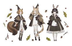 Rule 34 | 3girls, :d, :o, absurdres, acorn, acorn hair ornament, animal ears, arm at side, arms at sides, bag, bandaid, bandaid on knee, bandaid on leg, berry, black footwear, black hair, black headwear, blonde hair, blunt bangs, bobby socks, braid, branch, brown capelet, brown hair, buckle, capelet, carrot hair ornament, cat ears, cat girl, cat tail, closed mouth, collared dress, commentary, cross-laced footwear, dress, eyelashes, fish hair ornament, floating, food-themed hair ornament, frilled dress, frilled hairband, frills, frown, full body, green eyes, grey eyes, gwayo, hair ornament, hair ribbon, hairband, hairclip, hand on own cheek, hand on own face, hands up, hat, hat ornament, hat tassel, highres, kneehighs, layered dress, layered sleeves, leaf, legwear garter, light brown hair, long hair, long sleeves, multiple girls, off shoulder, open mouth, orange eyes, original, paw pose, puffy long sleeves, puffy sleeves, rabbit ears, rabbit girl, ribbon, shawl, shoes, short hair, short jumpsuit, short over long sleeves, short sleeves, shoulder bag, side braid, simple background, sleeves past wrists, smile, snap-fit buckle, socks, squirrel ears, squirrel girl, squirrel tail, tail, tail wrap, tassel, themed object, twin braids, updo, white background, white dress, white legwear