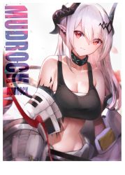 Rule 34 | 1girl, absurdres, arknights, bare shoulders, black choker, blush, border, breasts, character name, choker, cleavage, closed mouth, collarbone, demon girl, demon horns, demon tail, earrings, hair ornament, highres, horns, jewelry, large breasts, lims (neko2lims), long hair, mudrock (arknights), navel, red eyes, silver hair, smile, solo, sports bra, tail, toned, undressing, upper body, white border