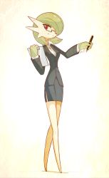 Rule 34 | 1girl, alternate costume, arm up, beige background, bespectacled, black-framed eyewear, black skirt, bob cut, breasts, business suit, clipboard, clothed pokemon, coat, colored skin, creatures (company), dated, formal, full body, game freak, gardevoir, gen 3 pokemon, glasses, green hair, green skin, hair over one eye, hand up, highres, long sleeves, looking to the side, multicolored skin, nintendo, office lady, pen, pencil skirt, pokemon, pokemon (creature), pokemon rse, red eyes, sally (luna-arts), shirt, short hair, signature, simple background, skirt, skirt suit, small breasts, smile, solo, standing, suit, teeth, two-tone skin, white shirt, white skin