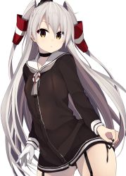 Rule 34 | 10s, 1girl, amatsukaze (kancolle), black panties, collar, garter straps, gloves, hat, itsui (dihydrogenmonoxid), kantai collection, minase yuu, mini hat, panties, sailor collar, see-through, side-tie panties, silver hair, simple background, single glove, solo, suspenders, two side up, underwear, white background, white gloves, yellow eyes