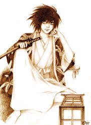 Rule 34 | 00s, 1boy, bags under eyes, black hair, death note, japanese clothes, kimono, l (death note), lantern, male focus, solo, sword, traditional media, weapon