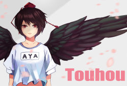 Rule 34 | 1girl, alternate costume, black wings, breasts, brown hair, character name, cherry blossoms, copyright name, feathered wings, gradient background, grey background, hat, highres, looking at viewer, parted lips, petals, pink lips, red eyes, shameimaru aya, shirt, short hair, short sleeves, solo, tokin hat, touhou, upper body, white shirt, wind, wings, yongzhe mei hong