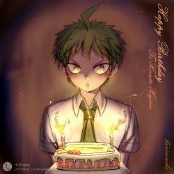 Rule 34 | 1boy, :o, ahoge, androgynous, arms at sides, birthday, birthday cake, brown hair, cake, candle, collared shirt, commentary request, cross neko, danganronpa (series), danganronpa 2: goodbye despair, dated, english text, food, fruit, gradient background, happy birthday, hinata hajime, looking at viewer, male focus, necktie, open mouth, shirt, short hair, short sleeves, solo, strawberry, upper body, white shirt