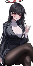 Rule 34 | 1girl, black hair, black pantyhose, black suit, blue archive, blunt bangs, blush, bright pupils, crossed legs, formal, halo, highres, holding, holding tablet pc, id card, long hair, looking at viewer, pantyhose, pleated skirt, red eyes, rio (blue archive), sitting, skirt, solo, soymilk arts2, suit, sweater, tablet pc, turtleneck, turtleneck sweater, white sweater