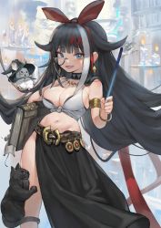 Rule 34 | 1girl, absurdres, armlet, azur lane, bangle, bare shoulders, belt, black hair, blue eyes, book, bracelet, breasts, candle, cat, choker, cleavage, commentary, deutschland (azur lane), earrings, fang, hairband, hat, highres, jewelry, large breasts, long hair, looking at viewer, medium breasts, midriff, monocle, mouse (animal), multicolored hair, navel, open mouth, romana, semi-rimless eyewear, skin fang, smile, solo, squirrel, standing, streaked hair, wand, witch hat