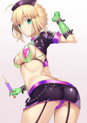 Rule 34 | 1girl, absurdres, ahoge, artoria pendragon (all), artoria pendragon (fate), ass, besmiled, black skirt, blonde hair, breasts, butt crack, cleavage, cosplay, cowboy shot, fate (series), florence nightingale (fate), florence nightingale (trick or treatment) (fate), florence nightingale (trick or treatment) (fate) (cosplay), garter straps, gloves, gluteal fold, green eyes, green gloves, grey background, hair between eyes, hat, highres, leaning forward, looking back, medium breasts, microskirt, nurse cap, official alternate costume, open mouth, panties, purple panties, saber (fate), shiny clothes, short hair with long locks, sideboob, sidelocks, simple background, skirt, solo, underwear