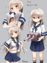 Rule 34 | 1girl, akino shuu, black socks, blonde hair, blue sailor collar, blue skirt, blush, breasts, brown eyes, closed mouth, commentary request, conte di cavour (kancolle), cosplay, empty eyes, grey background, kantai collection, kneehighs, large breasts, long hair, multiple views, navel, open mouth, pleated skirt, sailor collar, school uniform, serafuku, short sleeves, simple background, skirt, socks, translation request, twitter username, ushio (kancolle), ushio (kancolle) (cosplay)