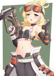 1girl ^_^ asymmetrical_gloves blush closed_eyes commentary cosplay drooling english_commentary gloves goggles goggles_on_head grace_howard grace_howard_(cosplay) green_background green_eyes gun highres holding holding_gun holding_weapon long_hair looking_at_viewer mismatched_gloves navel piper_wheel prophosphere weapon white_gloves zenless_zone_zero