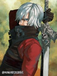 Rule 34 | 1boy, black gloves, blue eyes, dante (devil may cry), devil may cry, devil may cry (series), devil may cry 2, gloves, hair over one eye, highres, holding, holding sword, holding weapon, juliewithaxe, male focus, rebellion (sword), solo, sword, weapon, weapon on back, white hair