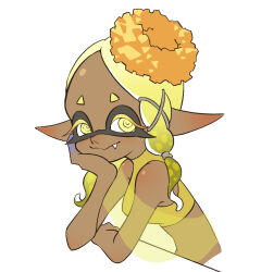 Rule 34 | 1girl, alternate pupils, arm rest, blonde hair, blue skin, closed mouth, colored eyelashes, colored skin, crop top, dark-skinned female, dark skin, fang, fang out, food, food on head, forehead, frye (splatoon), gradient skin, hand on own face, inkling, long hair, multicolored skin, nintendo, object on head, shawl, shirt, short eyebrows, simple background, sleeveless, sleeveless shirt, smile, solo, splatoon (series), splatoon 3, tempura, tentacle hair, teo (teorekka), two-tone skin, white background, yellow eyes, yellow shawl, yellow shirt