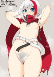 Rule 34 | 1girl, admiral graf spee (azur lane), armpit hair, armpit peek, armpits, arms up, asaga aoi, azur lane, belt, belt buckle, blue eyes, blunt bangs, blush, breasts, buckle, character name, colored pubic hair, cowboy shot, excessive pubic hair, female pubic hair, from below, grey background, groin, looking at viewer, looking down, multicolored hair, navel, nipples, nose blush, pubic hair, red hair, red scarf, scarf, short hair, silver hair, silver pubic hair, simple background, small breasts, standing, steaming body, stomach, streaked hair, striped clothes, striped scarf, sweat, thighs
