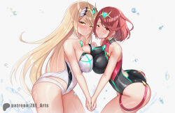 2girls ahoge ass bare_shoulders blonde_hair blush breast_press breasts circlet large_breasts leaning leaning_forward long_hair looking_at_viewer multiple_girls mythra_(radiant_beach)_(xenoblade) mythra_(xenoblade) one-piece_swimsuit orange_eyes pyra_(pro_swimmer)_(xenoblade) pyra_(xenoblade) red_eyes red_hair short_hair sideboob smile swimsuit symmetrical_docking very_long_hair xenoblade_chronicles_(series) xenoblade_chronicles_2 z-ki