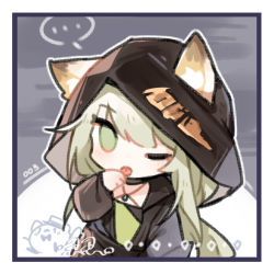 Rule 34 | ..., 1girl, ;p, animal ears, arknights, black jacket, border, cat ears, cat girl, cat tail, chibi, criss-cross halter, ears through headwear, green eyes, green shirt, green tail, halterneck, hood, hood up, hooded jacket, jacket, kal&#039;tsit (arknights), licking, licking hand, long hair, looking at viewer, official alternate costume, one eye closed, renren, shirt, solo, speech bubble, spoken ellipsis, tail, tongue, tongue out, white border