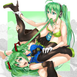Rule 34 | 2girls, absurdres, ahoge, bikini, boots, clone, detached sleeves, gloves, green eyes, green hair, hatsune miku, headphones, high heels, highres, long hair, mouth hold, multiple girls, open mouth, panties, striped clothes, striped panties, swimsuit, thigh boots, thighhighs, twintails, underwear, very long hair, vocaloid, yuki tarou
