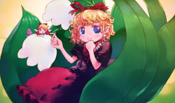 Rule 34 | 1girl, = =, blonde hair, blue eyes, bubble skirt, curly hair, earrings, female focus, flower, hair ribbon, highres, jewelry, leaf, lily of the valley, medicine melancholy, mini person, minigirl, ribbon, short hair, sitting, skirt, solo, su-san, touhou, yst