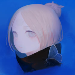 Rule 34 | 1girl, abigail williams (fate), abigail williams (traveling outfit) (fate), bandaid, bandaid on face, bandaid on forehead, black collar, blonde hair, blue background, bug, butterfly, close-up, collar, cropped shoulders, crossed bandaids, daisi gi, expressionless, fate/grand order, fate (series), grey eyes, hair bun, highres, insect, long hair, looking at viewer, parted bangs, simple background, single hair bun, solo